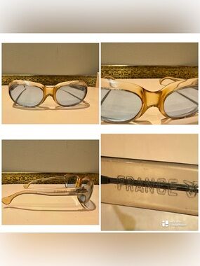 Vintage 60s French Mod Rounded Sunglasses - Transparent Amber & Blue glass lense